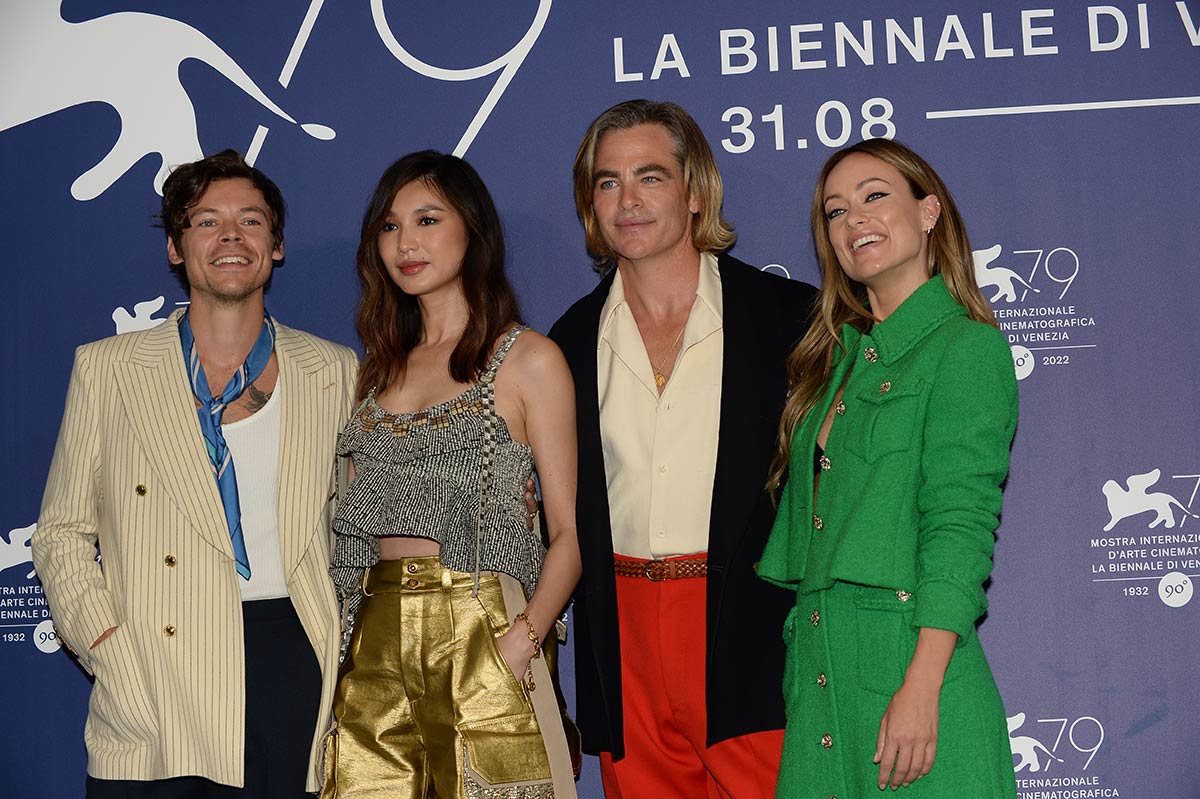 Some of the cast of Don't Worry Darling at the Venice Film Festival 2022 - left to right: Harry Styles, Gemma Chan, Chris Pine, and Olivia Wilde