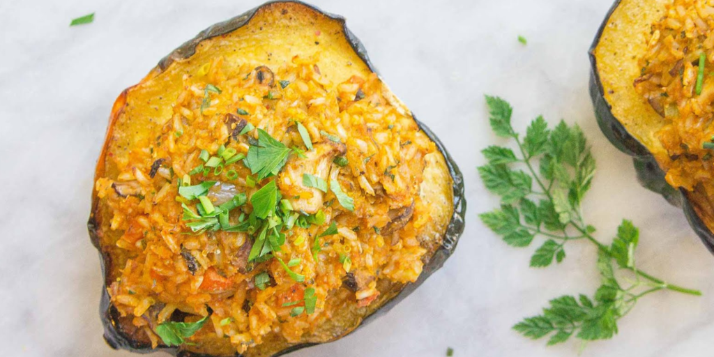 Easy Vegan Stuffed Squash With Brown Rice and Mushrooms for Dinner