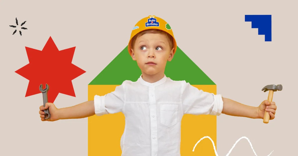 a child wearing a Lowe's branded construction hat