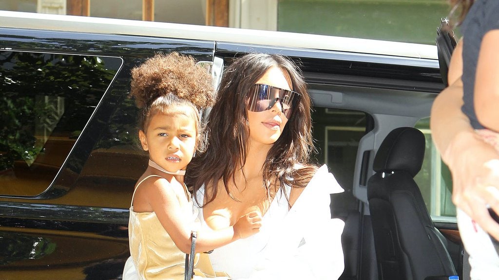 Kim Kardashian and North West Wore Matching Crop Tops and Leather Skirts to Kourtney’s Baby Shower